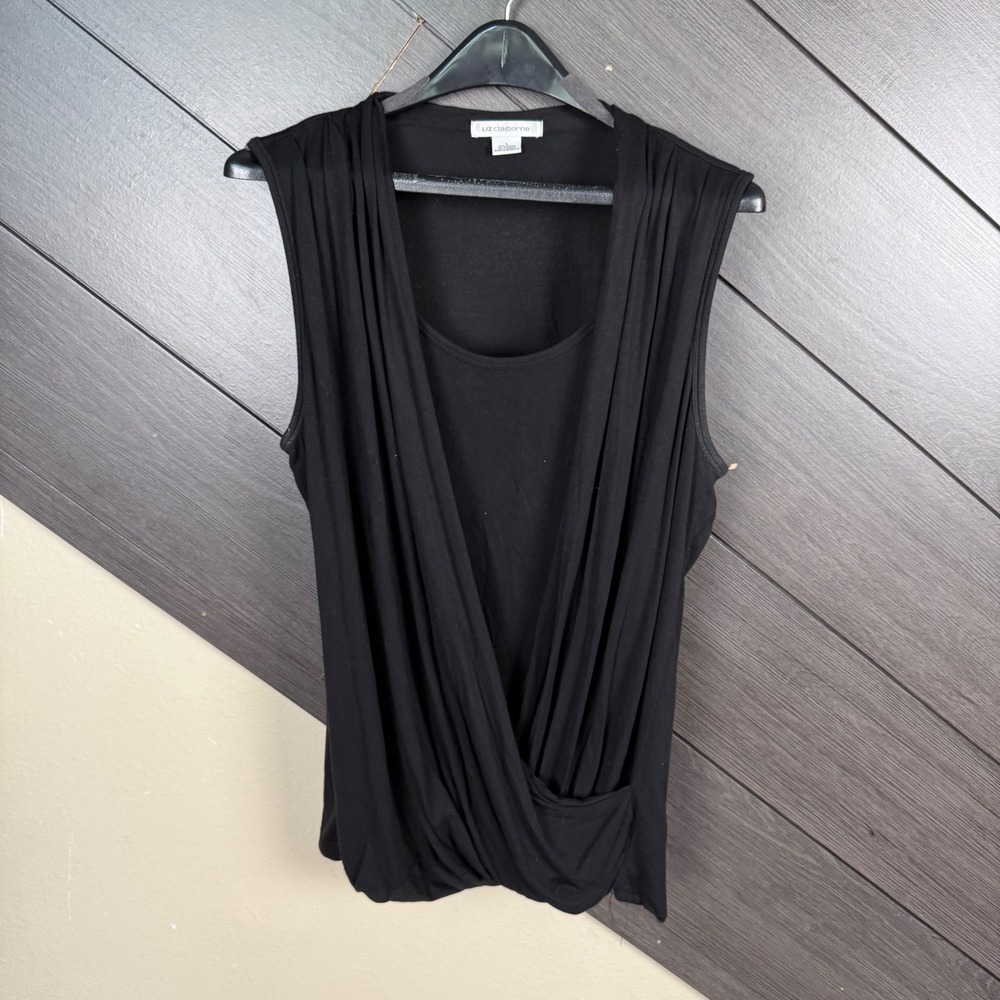 Liz Claiborne Women's Large Wrap Front Built In Cami Black Y2K Draped Top